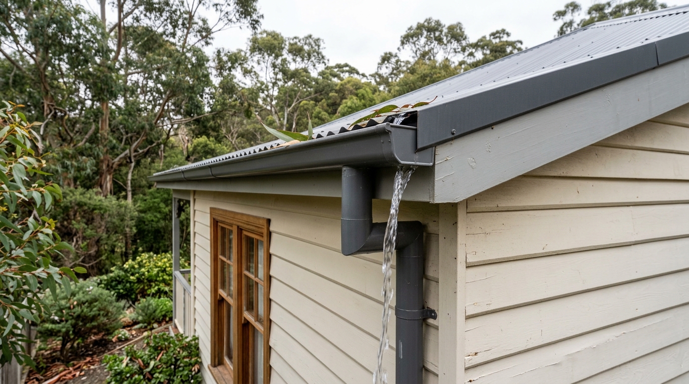 Clean, freshly cleared gutter and downpipe on a weatherboard Hobart home with gum trees behind