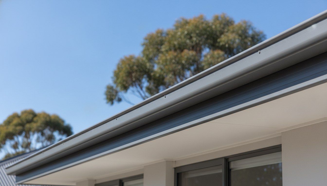 Clean charcoal-grey Colorbond steel gutter along the roofline of a Hobart home with gum trees behind