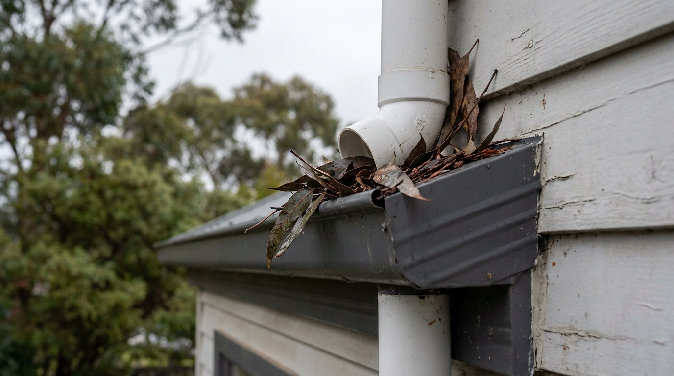 White PVC downpipe meeting a charcoal Colorbond gutter on a Hobart weatherboard home, with damp gum leaves collected around the outlet