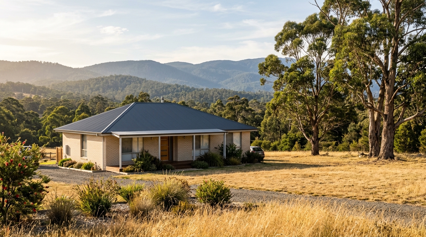 A neat single-storey Hobart home with clean metal gutters, gum trees and dry summer grass, with hazy hills behind