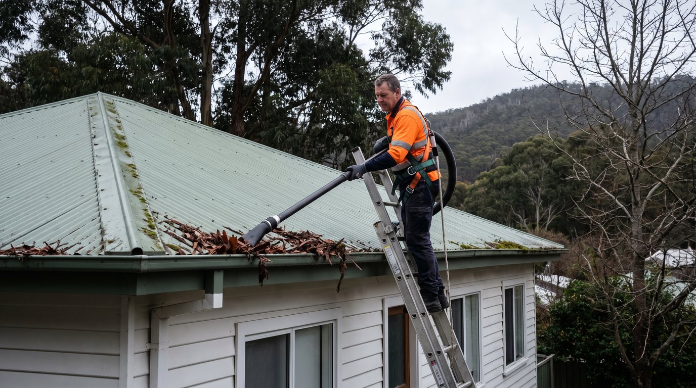 Gutter cleaning technician on a ladder using a vacuum hose to clear gum leaves from a Colorbond quad gutter on a weatherboard home in a leafy Hobart suburb