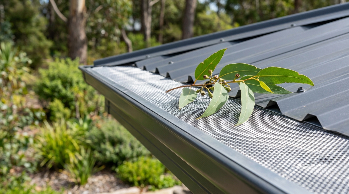 Close-up of aluminium mesh gutter guard on a Colorbond roof edge in a leafy Hobart suburb, with a gum leaf branch resting above the mesh