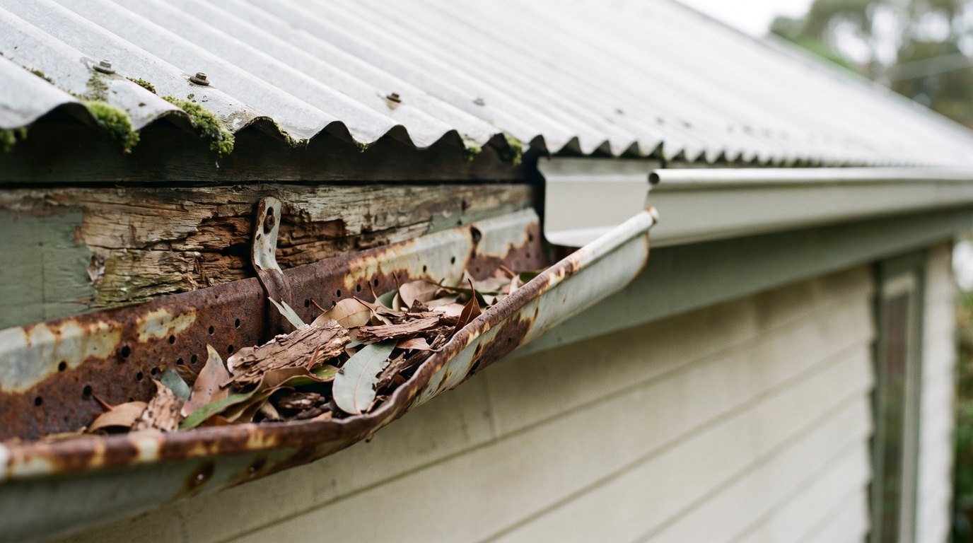 Old rusted and sagging quad Colorbond gutter beside a newly replaced length on a weatherboard Hobart home, with damp gum leaves caught in the old section