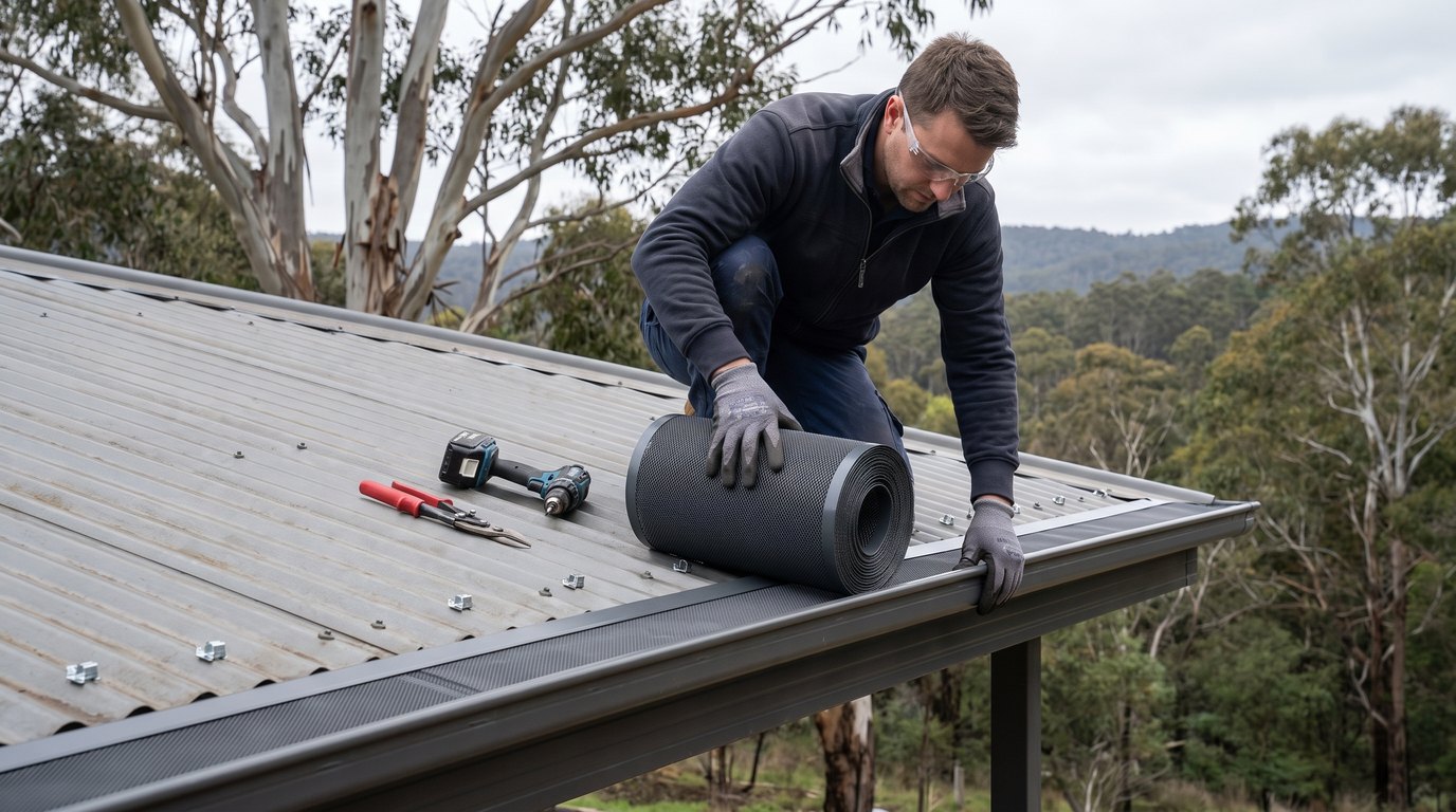 Tradesperson fitting aluminium gutter guard mesh and a colour-matched trim along the edge of a Colorbond corrugated roof, with gum trees behind