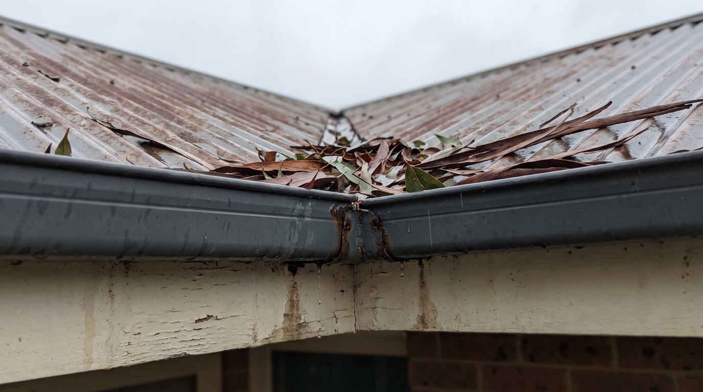 Water seeping from a corroded joint in a Colorbond quad gutter on an older Hobart home, staining the timber fascia below on an overcast winter day