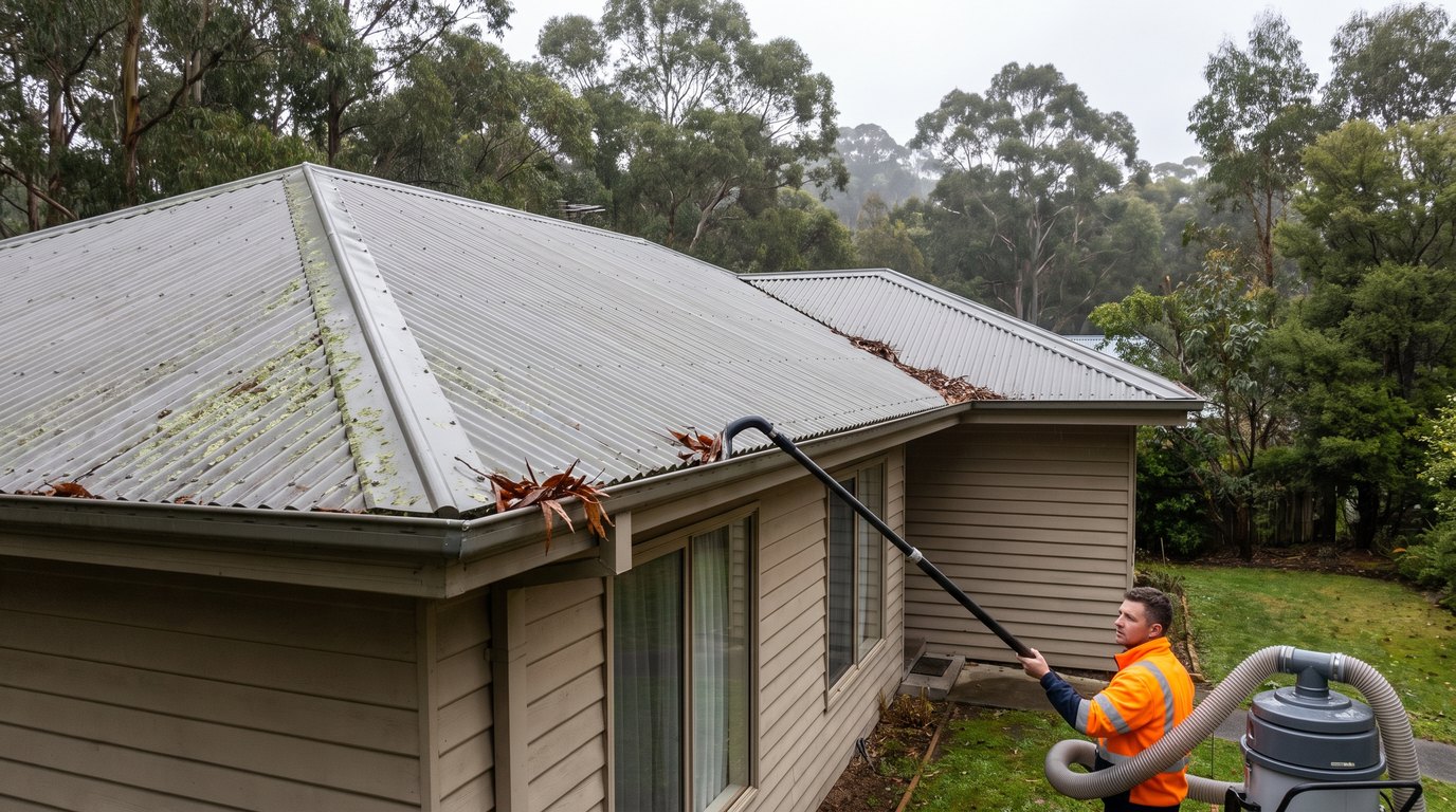 Technician on the ground using a gutter vacuum extension pole to clear gum leaves from the Colorbond quad gutter of a Hobart weatherboard home on an overcast winter morning