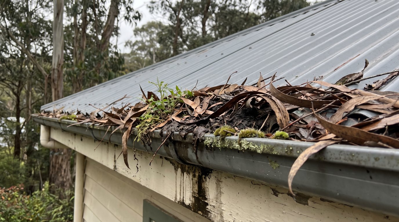 Blocked quad gutter on a Colorbond roof in a leafy Hobart suburb, packed with gum leaves, curled bark and moss, with water staining on the timber fascia below